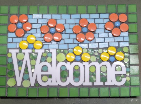 Green Border Orange & Yellow Flowers Welcome Sign